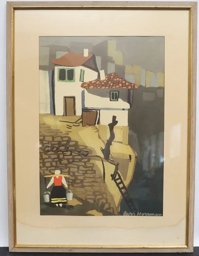 LARS NORRMAN. Tryck efter, landskap med hus och figur.