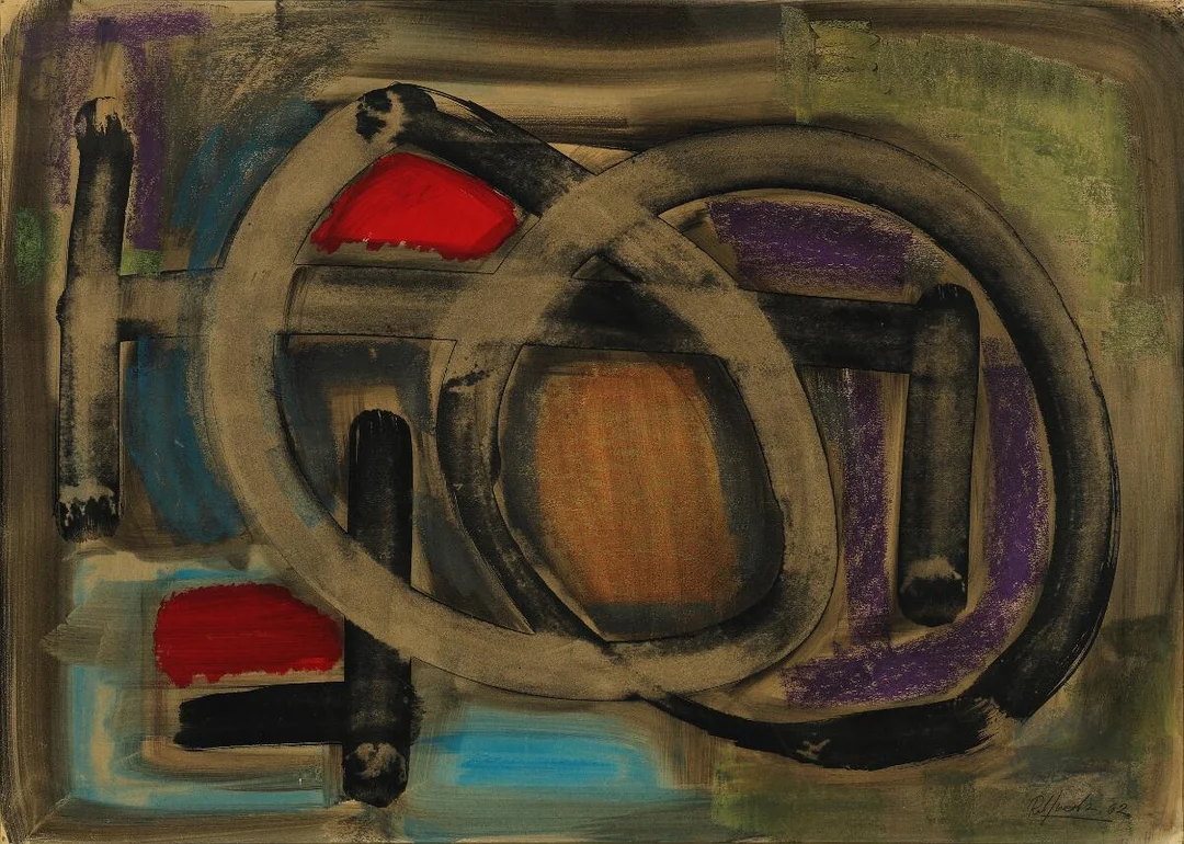 Composition, 1962. Signed Rob. Jacobsen. Mixed media on paper mounted on board. 75×105 cm. — Modern Paintings/Modern art — Bruun Rasmussen