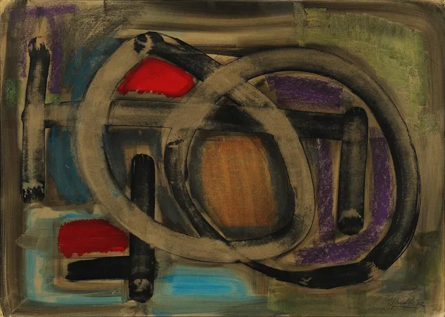Composition, 1962. Signed Rob. Jacobsen. Mixed media on paper mounted on board. 75×105 cm.