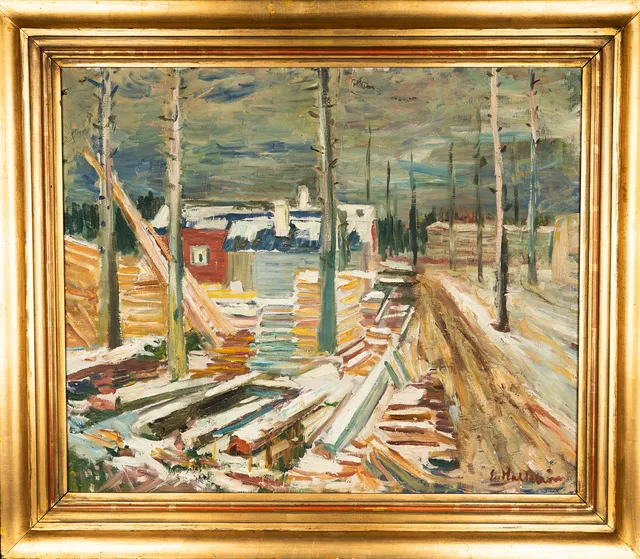 ERIC HALLSTRÖM. Olja på duk, "Bryggstugan i snö" signerad, 1900-talets första hälft.