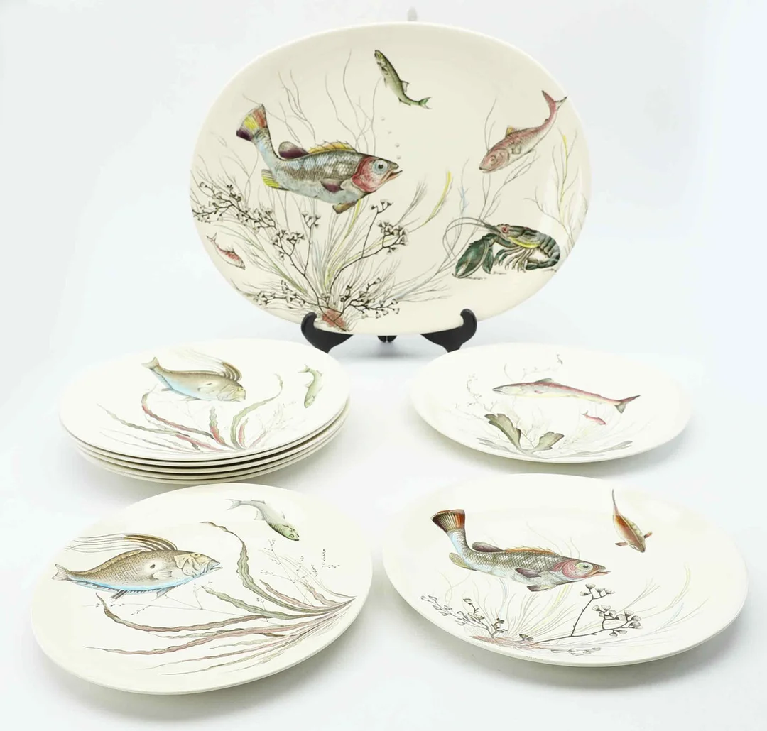 JOHNSON BROS. fat & tallrikar, 9 delar, "Fish", Johnson brothers, England, 1900-talets mitt. — European — Hälsinglands Auktionsverk