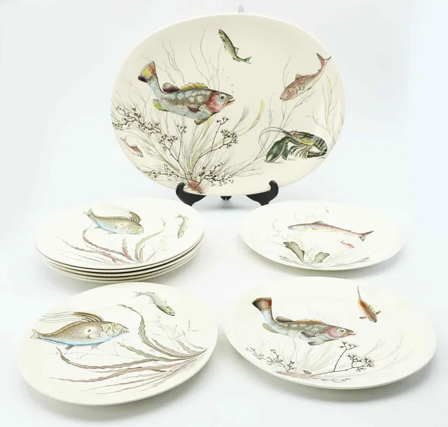 JOHNSON BROS. fat & tallrikar, 9 delar, "Fish", Johnson brothers, England, 1900-talets mitt.