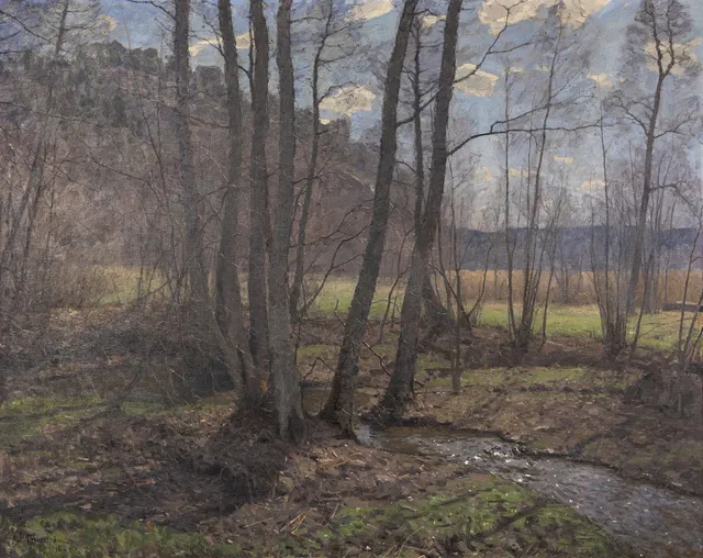 ALFRED BERGSTRÖM (1869-1930). Olja på duk, skogsdunge med porlande bäck. signerad.