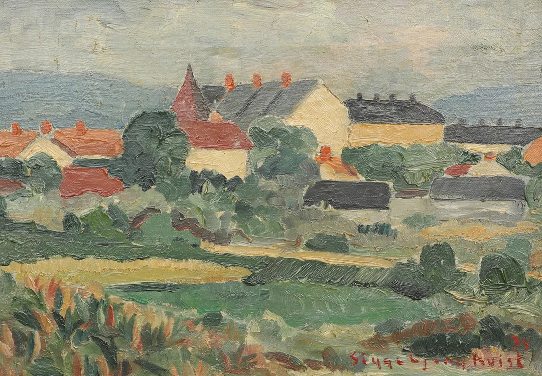 SIGGE LJUNGKVIST. Olja på duk, "Hus i stadens utkant", signerad och daterad 34. — Paintings — Ekenbergs Auktioner