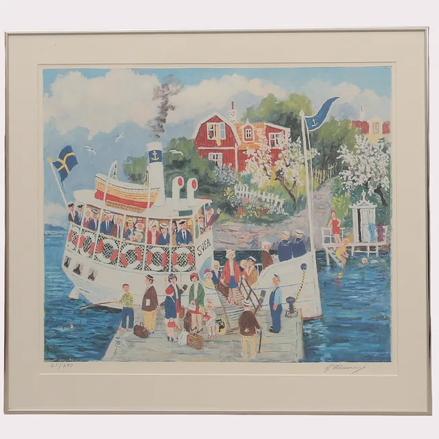 GÖSTA MÅNSSON. Färglitografi, Skärgårdsbåten Svea, numrerad, signerad, G Månsson.