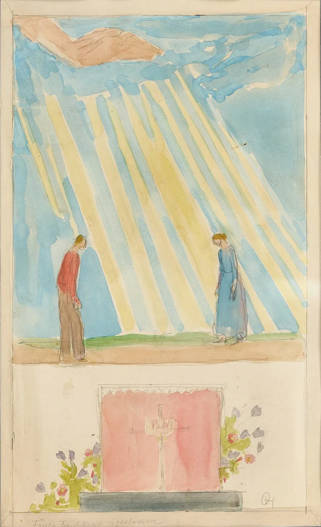OLLE HJORTZBERG (1872–1959). Skiss - dekor av vigselrum, monoramsignerad, akvarell. — Paintings — Crafoord Auktioner Stockholm
