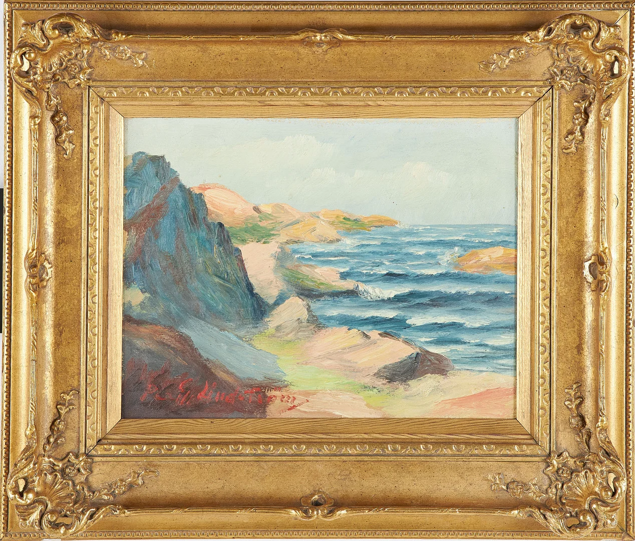PER GUNNAR LINDSTRÖM. Kustlandskap, signerad, ola på pannå. — Paintings — Stockholms Auktionsverk Sickla