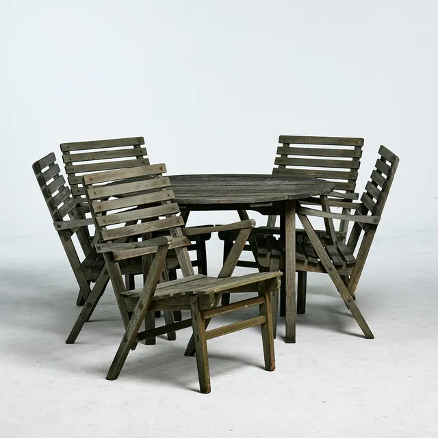 CARL MALMSTEN. TRÄDGÅRDSMÖBLER, 6 delar, "Bergshamra", furu, 5 karmstolar, runt bord.