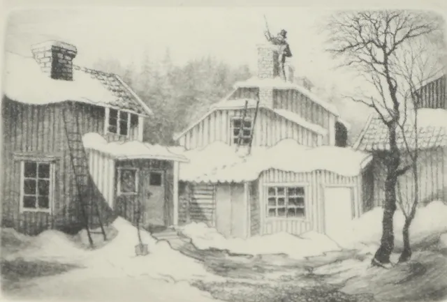 STAFFAN SNIDARE. Etsning, sotare på snötäckta hus, signerad och daterad 90, numrerad 49/390.