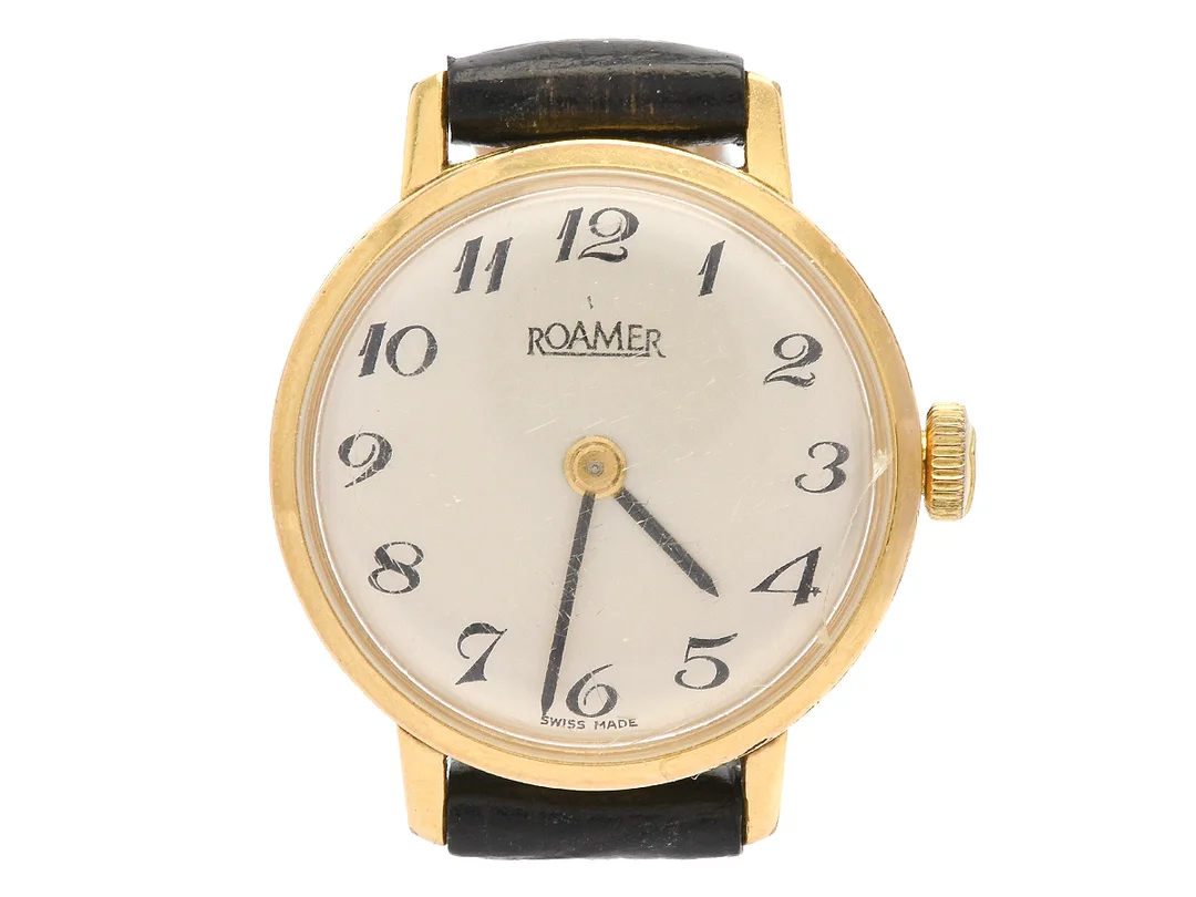 ROAMER, damur, 22 mm, Boett nr. 466-8210/095, doublé (10 micron), manuell, plexiglas (skadat), skadad urtavla, läderband, ca 1965. — Klockor/Roamer — Kaplans