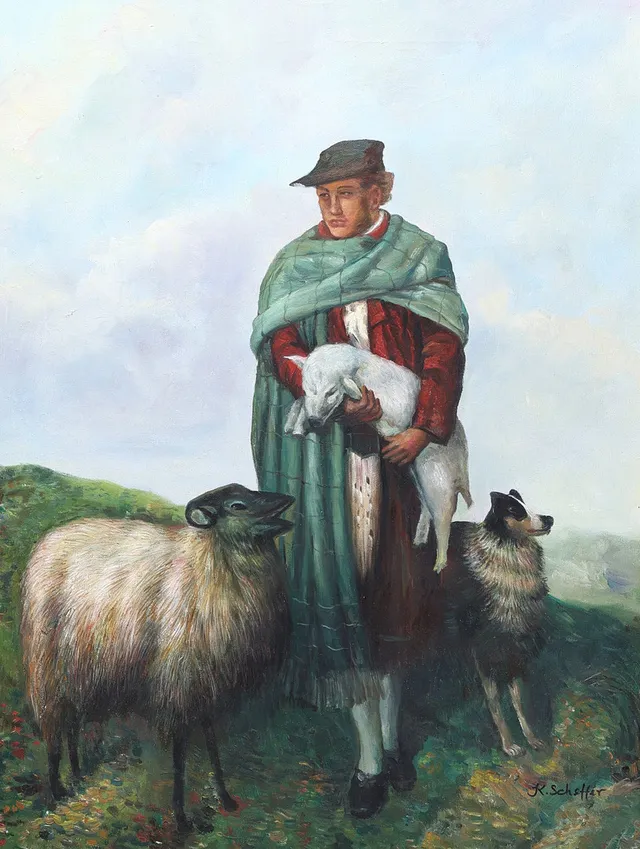 OIDENTIFIERAD KONSTNÄR. Olja på duk, "Fåraherde", signerad K Scheffer.