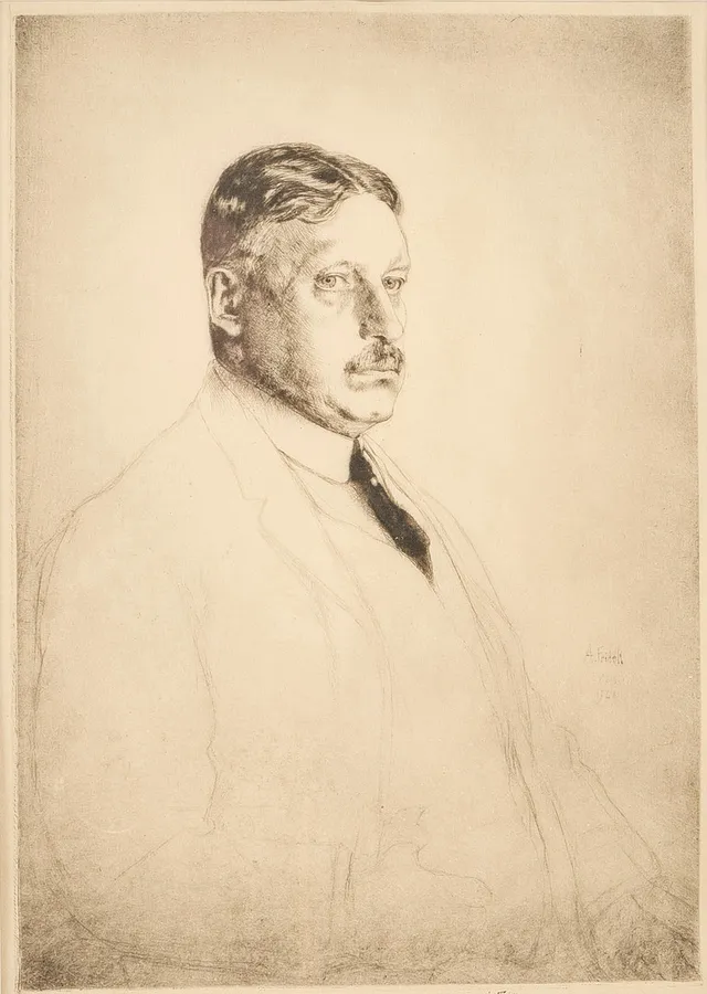 AXEL FRIDELL. Torrnålsetsning, signerad, daterad 1928 i plåten, porträtt av Eliel Löfgren.