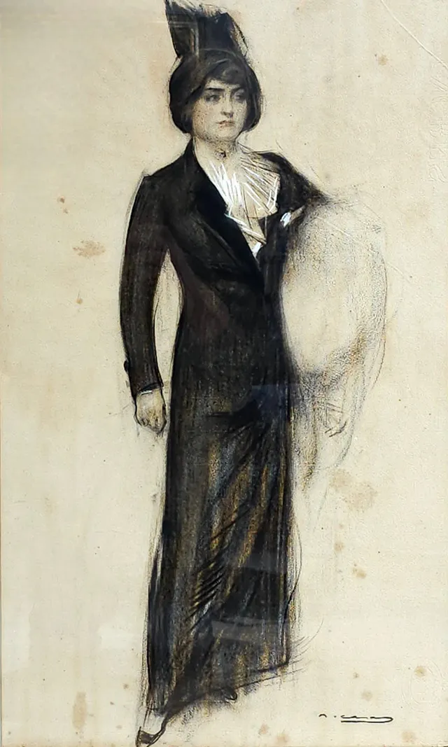 RAMON CASAS. "Julia con manguito". Dibujo al carbón sobre papel.