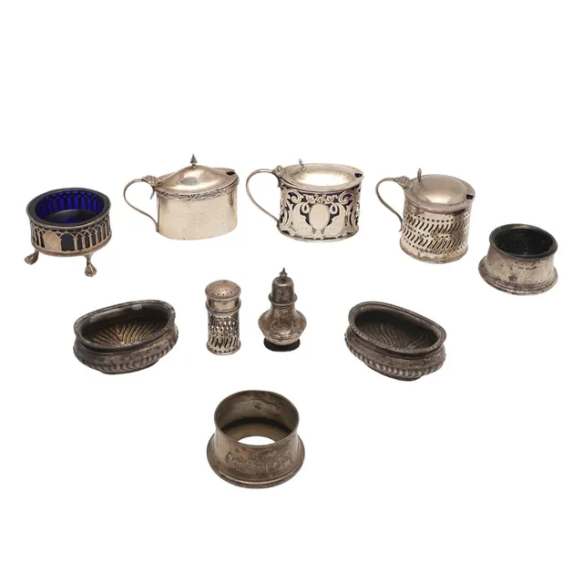 VARIOUS SILVER CONDIMENTS.
