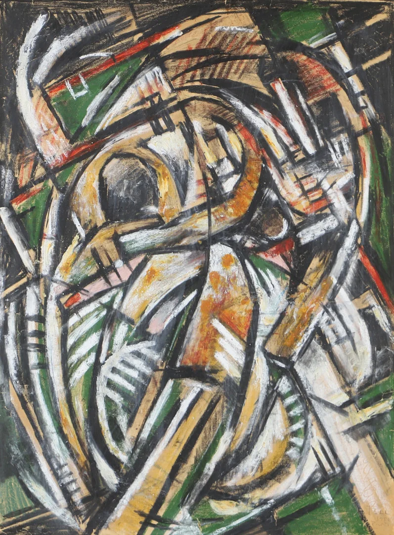 UMAR TELL. Komposition, olja på pannå, signerad Tell 1956 Paris. — Paintings — Helsingborgs Auktionskammare