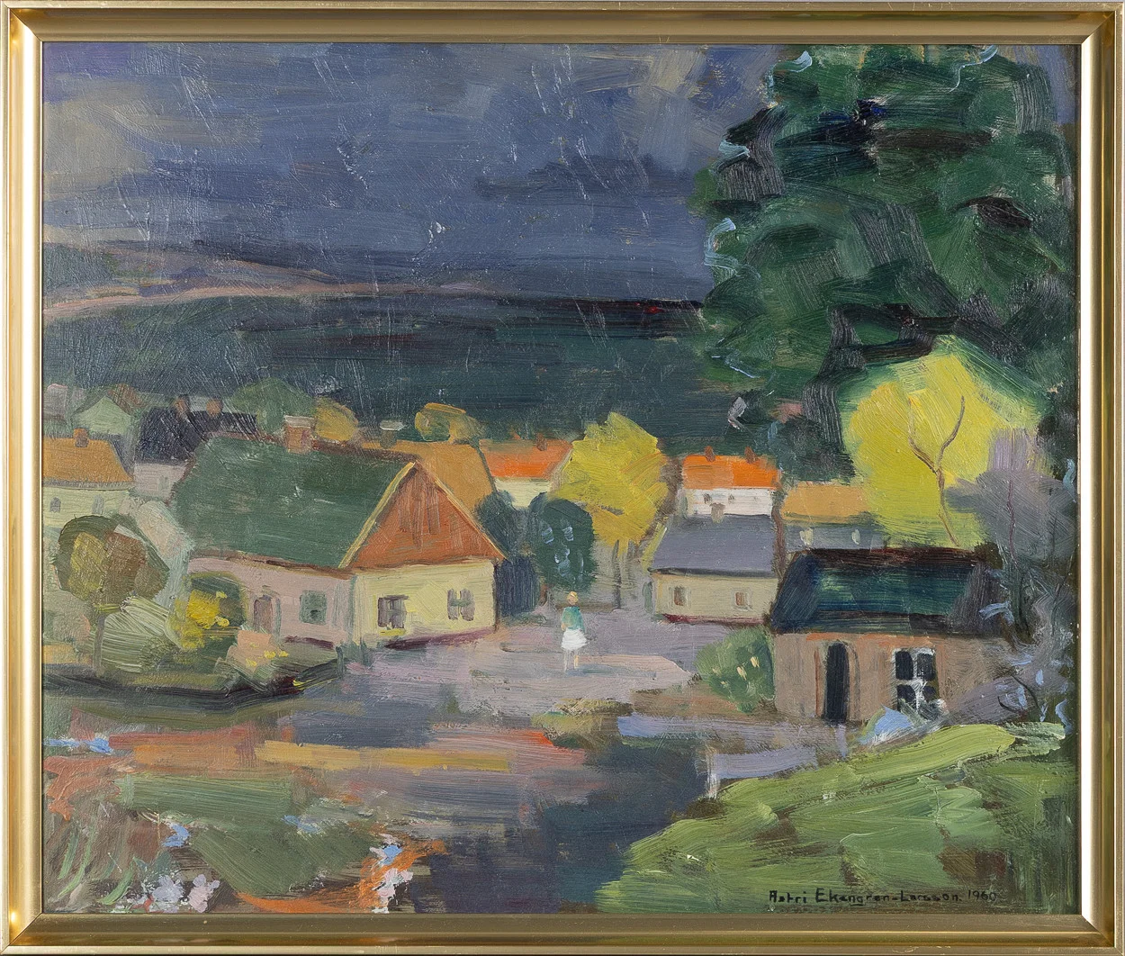 ASTRI EKENGREN-LARSSON (1898-1990). Landskap med hus, olja på pannå. — Paintings — Stockholms Auktionsverk Helsingborg