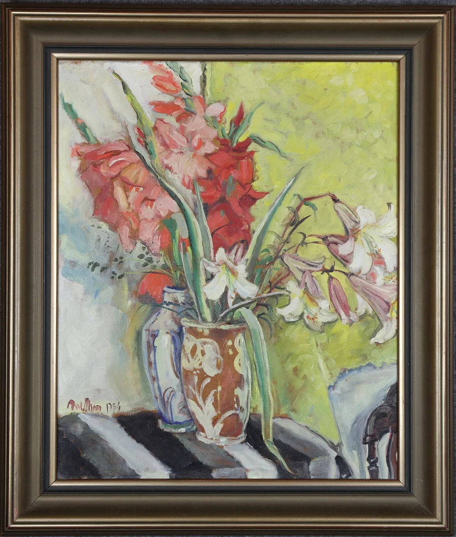 ANDERS OLSON. Olja på duk, "Liljor & gladiolus", signerad-34. — Paintings — Höganäs Auktionsverk