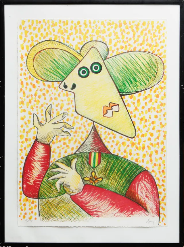 ENRICO BAJ. Figurkomposition, färglitografi, signerad och numrerad 56/100.