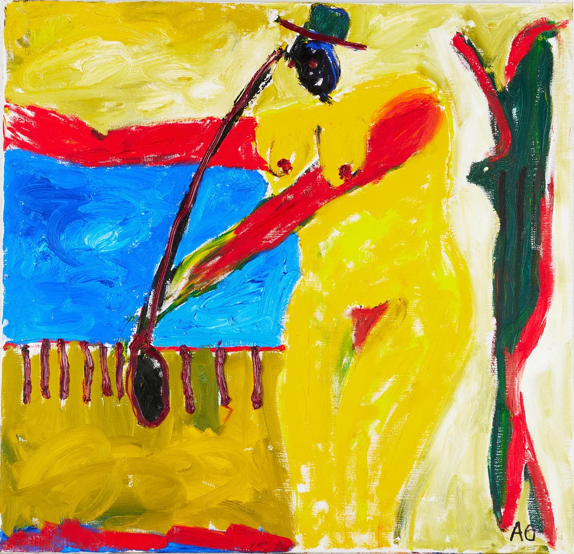 AGNETA GRANSTAD (FÖDD 1949). Komposition med kvinna, del ur svit, olja på duk, monogramsignerad. — Paintings — Stockholms Auktionsverk Magasin 5