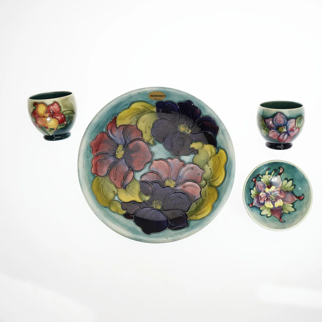 LARGE WALTER MOORCROFT CLEMATIS PATTERN PLATE, AND 3 OTHER MOORCROFT PIECES. (4). — European — Young's Auctions