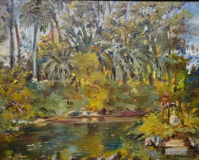 GUILLEM FRESQUET BARDINA. PAISAJE DE LAGO. ÓLEO SOBRE TABLEX.