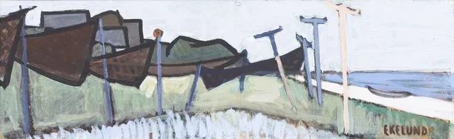 IVAR EKELUND (1908-2002). Kustlandskap med uppdragna båtar på strand, olja påpannå, signerad.