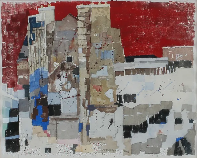 AXEL OLSON. "Husfragment", blandteknik, signerad och med text Paris.