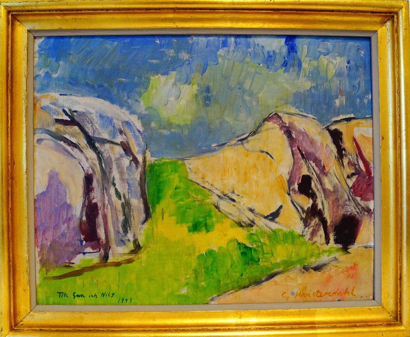 CARSTEN HVISTENDAHL. olja på träskiva, "Skrevor, Fläskö, Bohuslän", 1945. — Paintings — Lysekils Auktionsbyrå