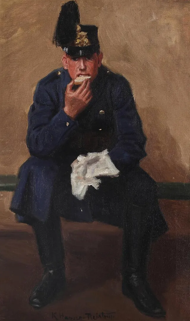 Karl Hansen Reistrup: “Soldat ved mellemmaden”. Signed K. Hansen-Reistrup. Oil on canvas. 57×34 cm.