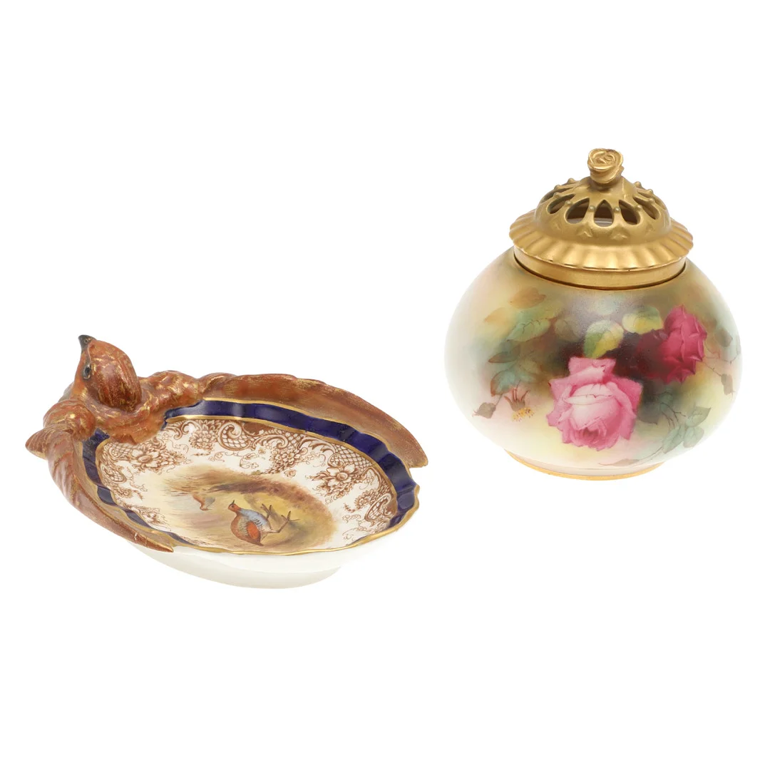 ROYAL WORCESTER 'VITREOUS' CORNCRAKE DISH AND A ROSE PATTERNED POT POURRI BOWL. — European — Lawrences Auctioneers