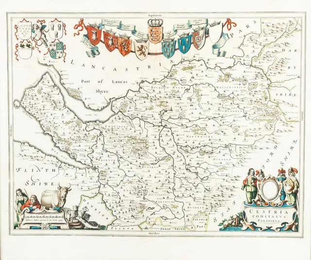 JOHANNES BLAEU (1596-1673). JOHANNES BLAEU (DUTCH, 1596-1673), CESTRIA, COMITAVUS, PALATINUS, 17TH CENTURY HAND COLOURED MAP.