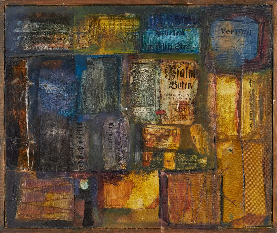 OLLE GUSTAFSSON. Komposition, blandteknik, applikation/olja/collage på pannå, monogramsignerad, á tergo daterad -88. — Paintings — Stockholms Auktionsverk Sickla