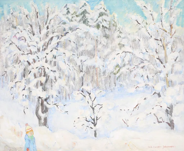 NILS GUNNAR JOHANSSON. Barn i snölandskap, olja på duk, signerad.