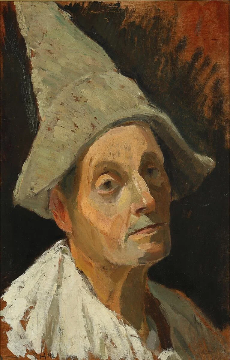 Pierrot Figure. Signed P. H. 42. Oil on panel. Painted verso. 49×33 cm. — Modern Paintings/Modern art — Bruun Rasmussen