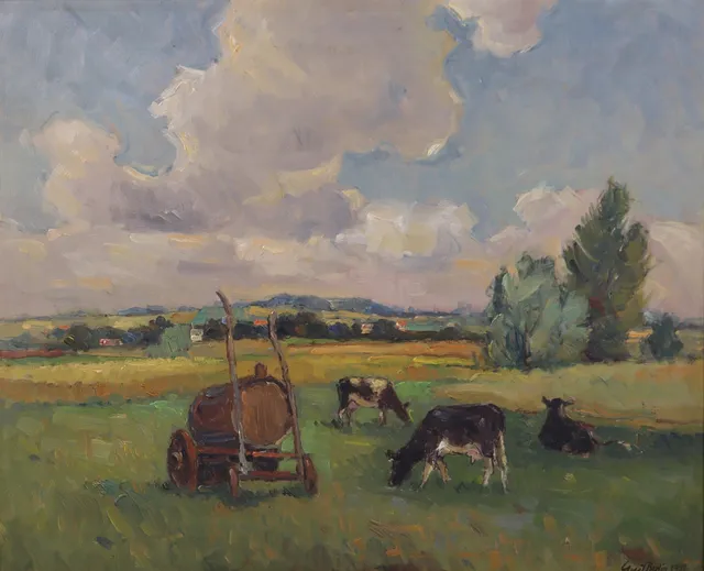 GUSTAV BERLIN. olja på pannå, Landskap med kor, Mossen, Södra Sandby.