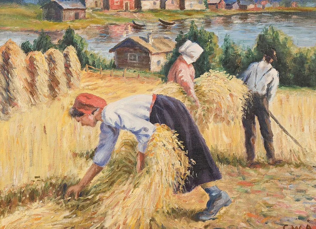 OIDENTIFIERAD KONSTNÄR. Oljemålning, Monogramsignerad C W Å, Skördetid. — Paintings — Metropol Auktioner