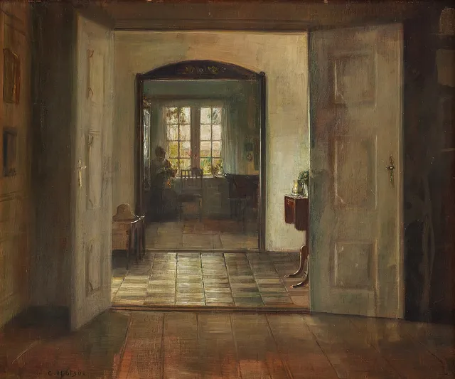 CARL HOLSOE (DANMARK, 1863-1935). Interiör med kvinna.
