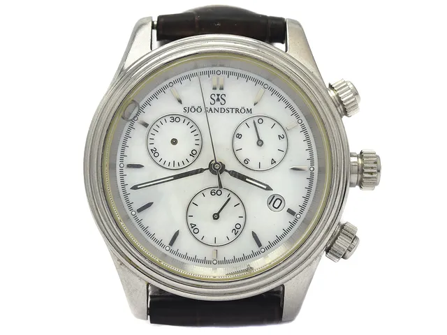 SJÖÖ SANDSTRÖM, Lady Chronograph, Serie nr. 153, kronograf (defekt), damur, 35 mm, stål, quartz, safirglas (skadat), datum, pärlemorurtavla, skadad urtavla, visare lös, läderband, ca 2008, box, ytterkartong.