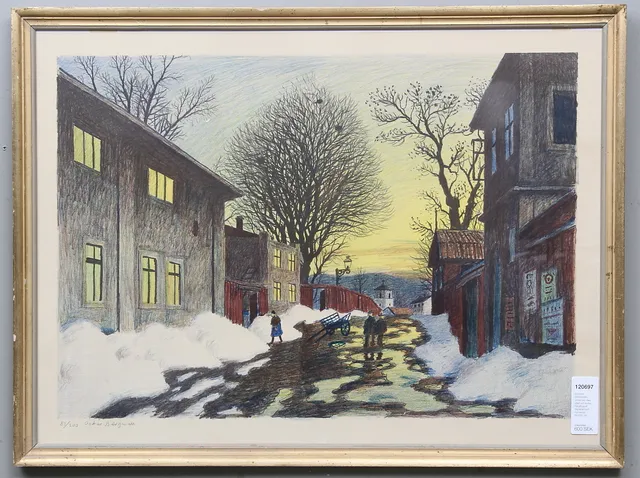 OSKAR BERGMAN. Vinterbild med stad och kyrka. Färglitografi. Signerad och numrerad 84/200.