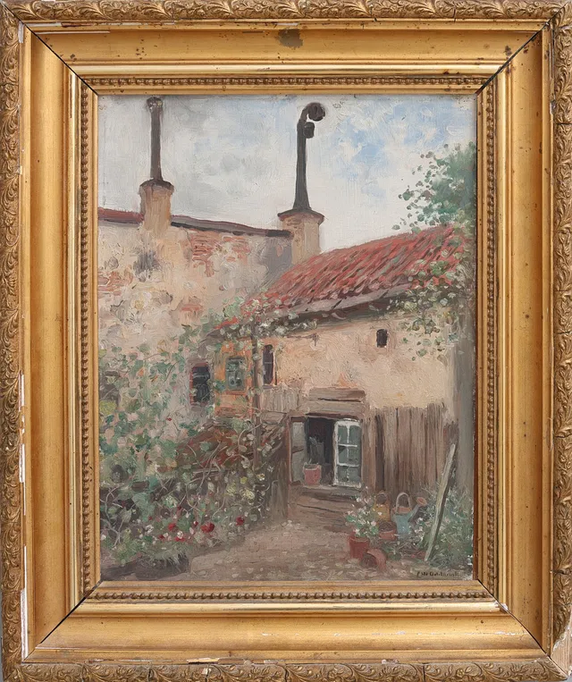 FRANS WILHELM ODELMARK. OLJA PÅ DUK, DUBBLERAD PÅ PANNÅ, GÅRDSMILJÖ, SIGNERAD.