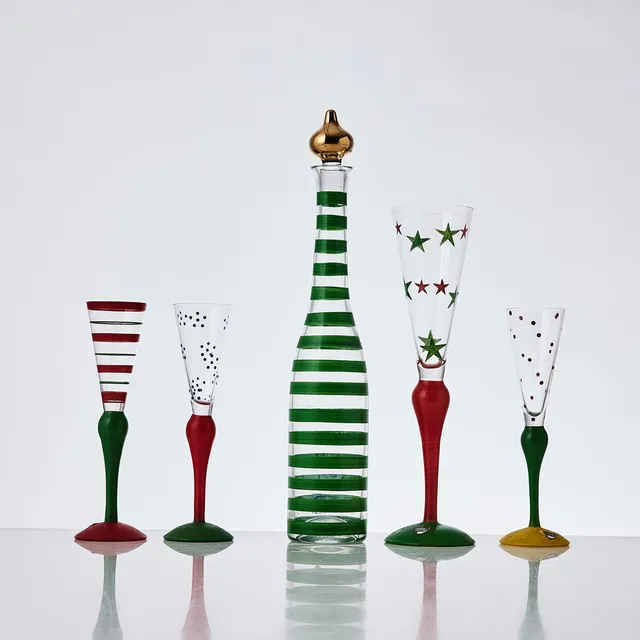 ANNE NILSSON. samling glas, 1+1+3 st, karaff med propp, snapsglas samt champagneglas, "Clown", glas, Orrefors, signerade, handmålad dekor.