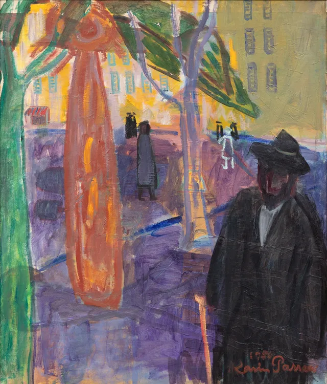 KARIN PARROW. Figurer i sydländsk stadsmiljö. Olja på duk.