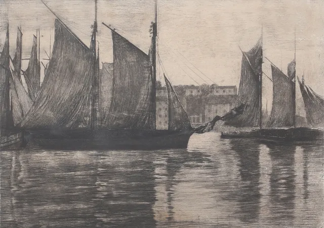 JAN HATVANI. "Skutor i hamn". Etsning, signerad.