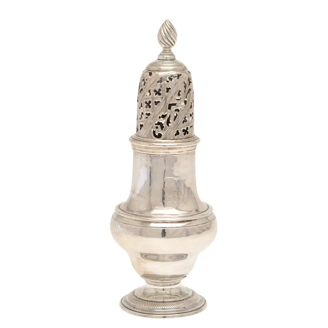 A MID 18TH CENTURY SILVER SUGAR CASTER.