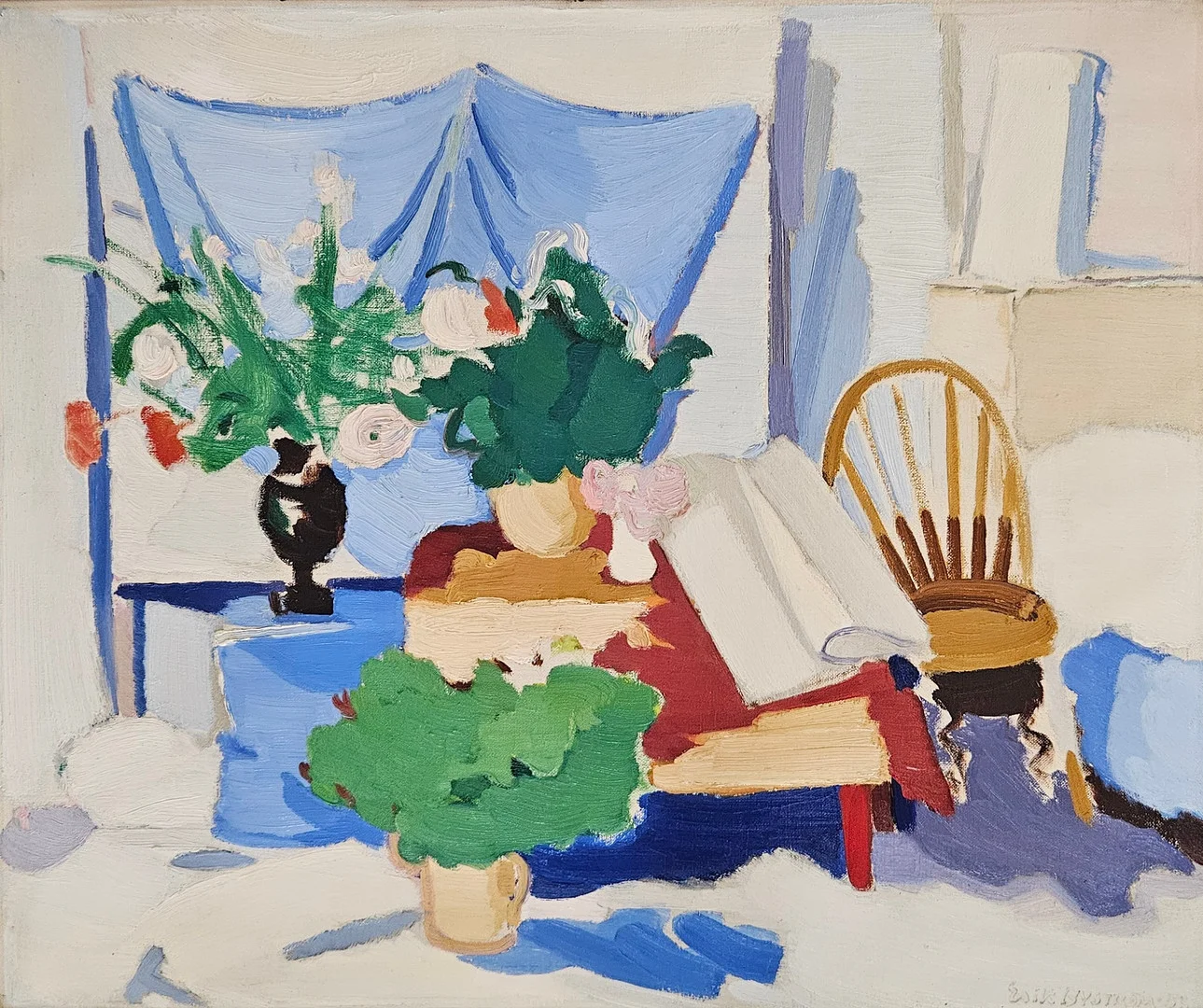ERIK BYSTRÖM. Rumsinteriör. Olja på duk uppklistrad på pannå, signerad Erik Byström och daterad -53. — Paintings — Auktionshuset Thörner & Ek