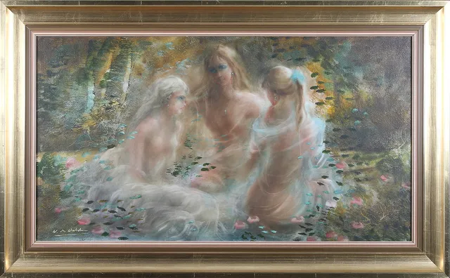 WALTER DU HALDE. Kvinnor i grönska, olja på duk, signerad.