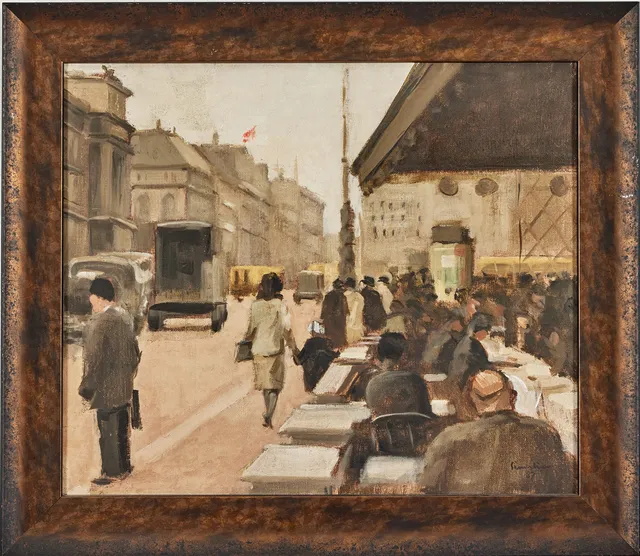 AKKE KUMLIEN. "Cafémiljö utomhus", Köpenhamn, olja på duk, 33 x 39 cm.