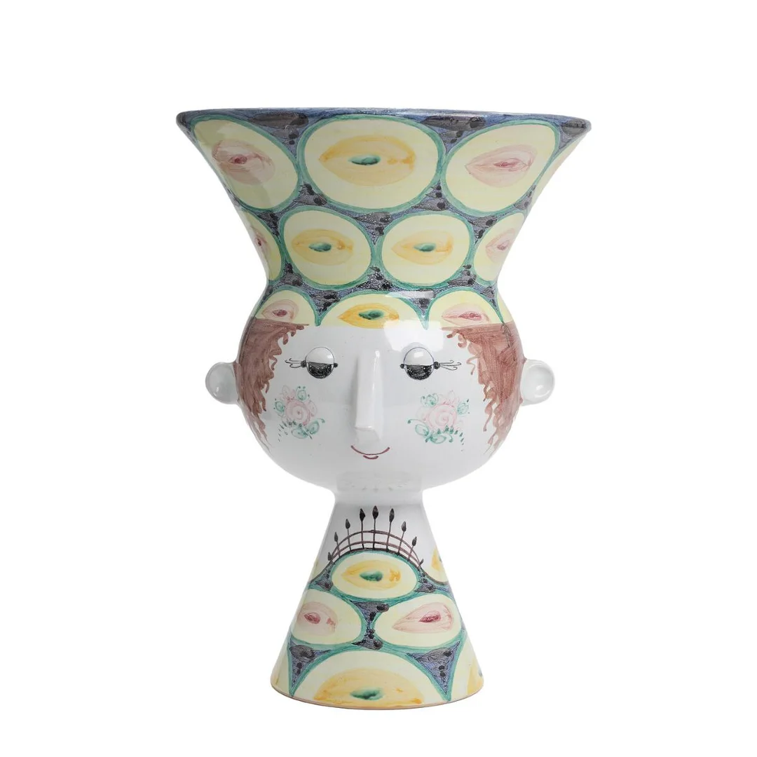 A large earthenware centrepiece modelled in the shape of a woman. Decorated with polychrome glaze on light grey base. Signed monogram -70, Danmark, V. 26. H. 37.5 cm. Diam. 27 cm. — Modern Decorative Art — Bruun Rasmussen