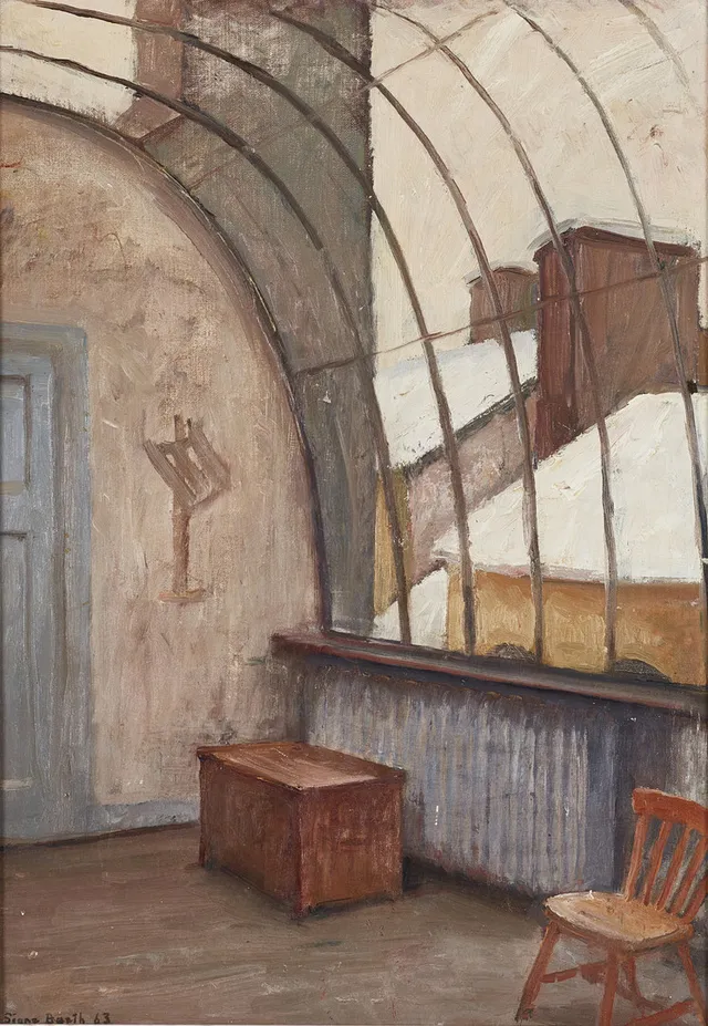 SIGNE BARTH (Uddevalla, 1895-1982, Stockholm). "Ateljéinteriör", signerad och daterad -63, olja på duk, uppfodrad på pannå.