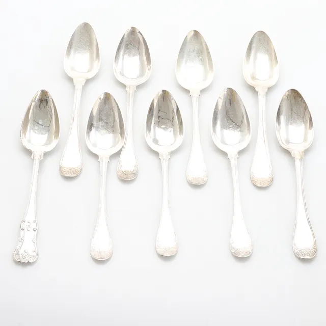 MATSKEDAR, 9 stycken, silver. 1800-tal.